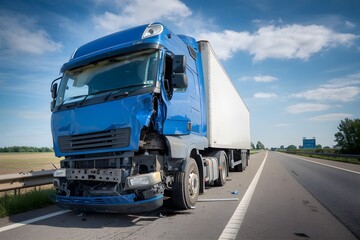 Blue truck damaged on highway, clear sky and open fields in background