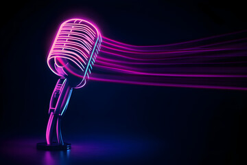 Neon silhouette of vintage microphone isolated on black background.