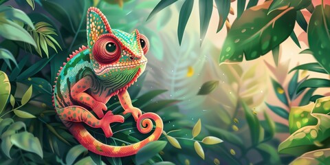 Vibrant and colorful cartoon chameleon perched on a branch, surrounded by lush foliage, with a playful and curious expression.