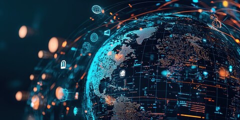 Digital World Map with Network Connections and Data Flow