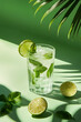 © eruppee - cocktail mojito glass alcohol liquid tropical vibe palm lime mint reflection retro summer party poster green background photo pop art flat lay style copy space