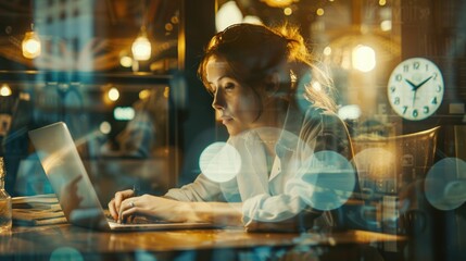 Poster - A woman sits at a table with a laptop, focused on her work