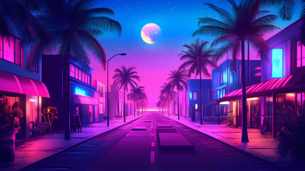 Synthwave retro tropical beach town, neon light, night street, cyberpunk futuristic background, shops, palms, sea coast, neon vaporwave illustration. Futuristic. Illustration