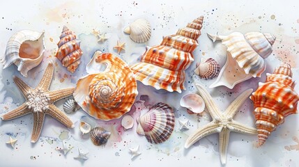 Poster - Collection of seashells and starfish arranged on a clean white surface