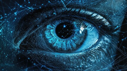Poster - Futuristic Eye with Blue Iris and Circuit-Like Network: High-Tech Vision Concept for Digital, Technology, and Cybersecurity Designs