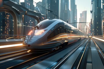 Poster - A silver train passes through the city at night, with bright lights and bustling streets