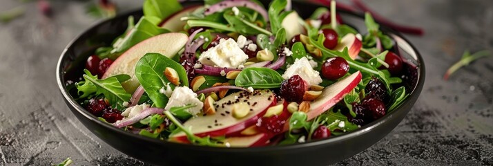 Sticker - Close-up of a fresh green salad featuring apples, goat cheese, cranberries, red onion, and pepitas in a black bowl set on a textured surface.