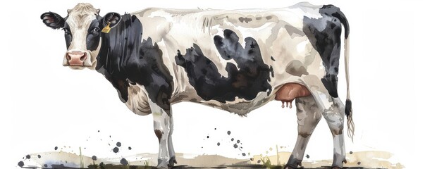 Wall Mural - Bright and vibrant watercolor illustration of a cow, splashes of color adding dynamic texture.