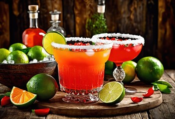 colorful display vibrant margarita ingredients including fresh triple colorful garnishes arranged artistically, limes, salt, tequila, sec, glass, ice