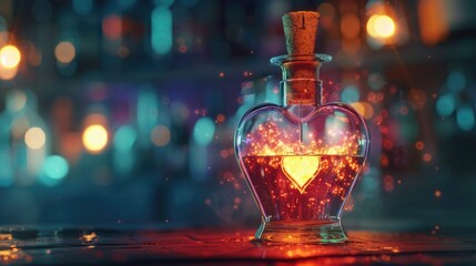 Poster - A glass bottle containing a glowing heart, ideal for representing love, passion, or warmth in various contexts