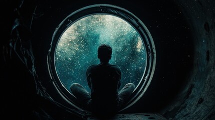 A Man Gazing Through a Circular Window at a Starry Night Sky