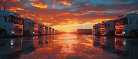 Wall Mural - Cargo trailer trucks ready on parking lot in morning. Logistics and goods transport concept. Generative AI