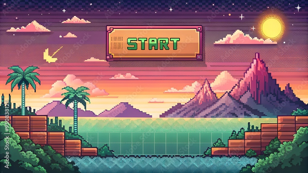 Retro style pixel art game background with start button Stock ...