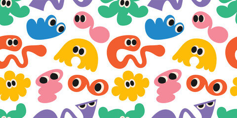 Wall Mural - seamless kids pattern with abstract funny comic cool shapes with eyes in trendy retro groovy, y2k st