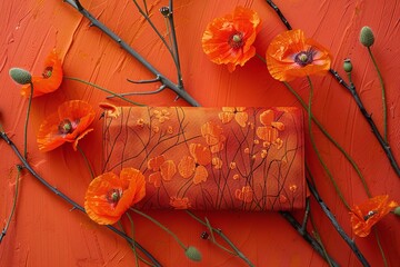 orange clutch with vibrant poppy flowers on a textured orange background, ideal for bold fashion bra