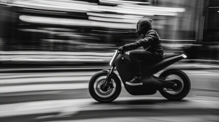 A Motorcyclist Riding a Black Motorcycle on a Blurry Road