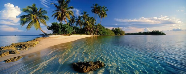 Wall Mural - Tropical island with palm trees, serene and inviting, Coastal, Bright hues, Photograph, Paradise