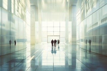 Aufkleber - A group of people walking together through a large, modern building