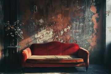 Poster - A worn-out couch sits in front of a weathered, rusted wall