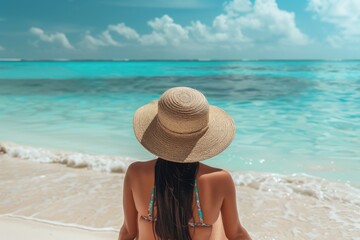 Poster - A woman wearing a hat sits on the beach