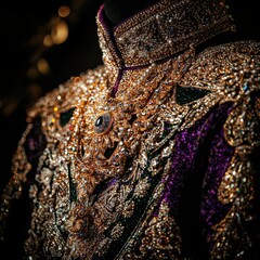 Close up of a Gold and Purple Garment with Embroidered Jewels