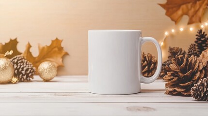 Sticker - White Coffee Mug Mockup with Pine Cones and Autumn Leaves on Wooden Table