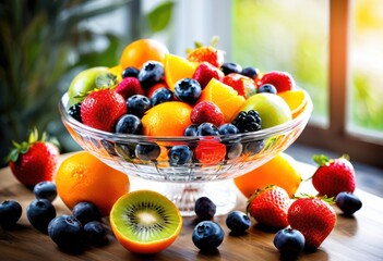 vibrant fruit explosion clear glass assorted colors fresh fruits including tropical varieties, berries, citrus, variety, healthy, snack, nature, food