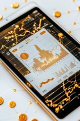 Poster - High-resolution close-up of a tablet screen with a digital banking app open, showing financial reports and tools, with a clean, minimal background for text 