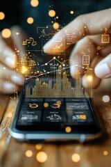 Poster - High-resolution close-up of a user interacting with a financial management app on a smartphone, highlighting budget tracking and investment features, with ample copy space