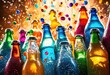 © Yaraslava - colorful soda bottles bursting open dynamic backgrounds creating festive visual display, explosion, vibrant, bright, liquid, fizz, beverage, refreshment
