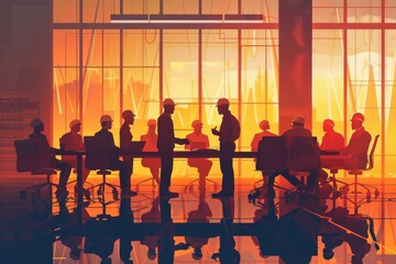 Wall Mural - A group of people sitting around a conference table discussing and taking notes, great for use in presentations about teamwork and collaboration