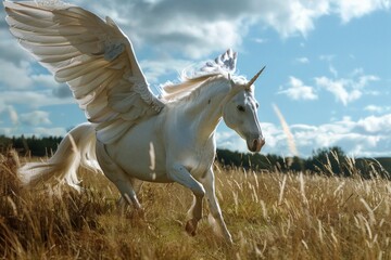 Poster - A white horse gallops across a field of tall grass, a beautiful and serene scene