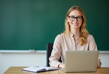 Confident white blonde female teacher at desk with laptop for World Teachers' Day
