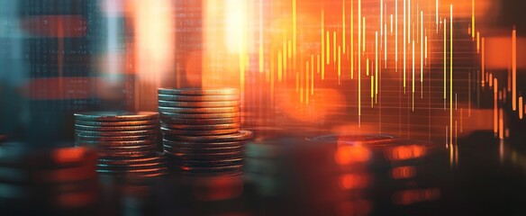 Wall Mural - Stacks of Coins Against a Blurry Background of Financial Charts