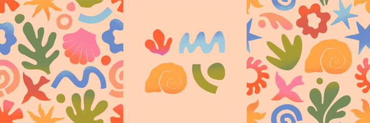 Wall Mural - vector summer cards.nature elements and artistic seamless patterns.hand drawn palm,sun,coral,seashel