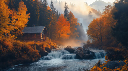 Wall Mural - Panoramic and scenic waterfalls in mountains during autumn morning time, Generative AI.	