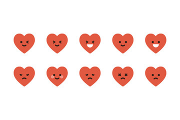 Different mood of red heart cartoon character set. Happy and sad hearts emoji facial expression. Flat decorative vector design isolated illustration. 