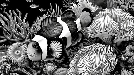 Poster - A close-up shot of a clown fish in monochrome tones