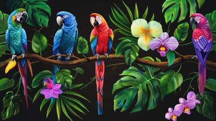 Poster - Colorful parrots resting on a wooden branch, ready to take flight