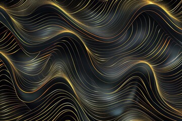 Poster - Abstract design featuring wavy lines in black and gold colors on a geometric patterned background