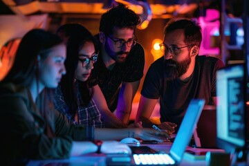 Poster - Group of people using laptop together, suitable for team work or collaboration concept