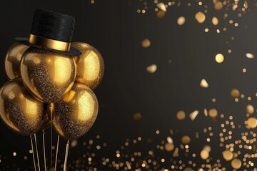 Poster - A group of shiny gold balloons floating in the air, accompanied by a stylish top hat