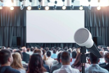 Aufkleber - A microphone positioned in front of an audience, ideal for capturing presentations, speeches, and lectures