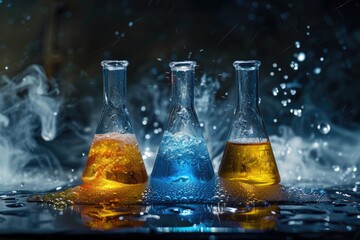 Aufkleber - Flasks filled with liquid sitting on a table, suitable for science or chemistry illustrations
