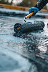 Poster - A person wearing blue gloves paints a black roof