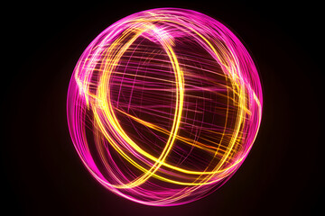 Neon wireframe globe symbol with glowing light trails isotated on black background