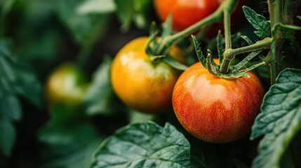 Wall Mural - Close-up of ripe red tomatoes on a vine with green leaves.