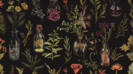 Poster - A collection of glass bottles and fresh flowers arranged on a dark background