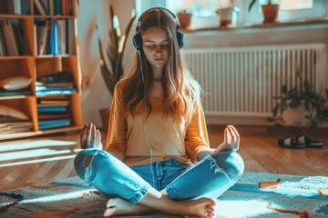 Wall Mural - A person sits on the floor wearing headphones, likely engaged in music or relaxation