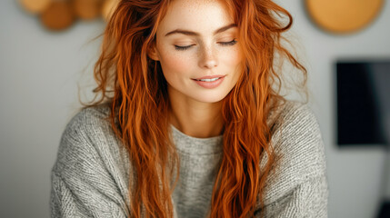 A woman with red hair and blue eyes is wearing a gray sweater